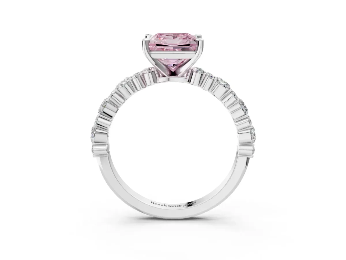 Fancy Pink Princess Cut Diamond Side Stone Solitaire Ring with Round and Four-Prong Setting Silver