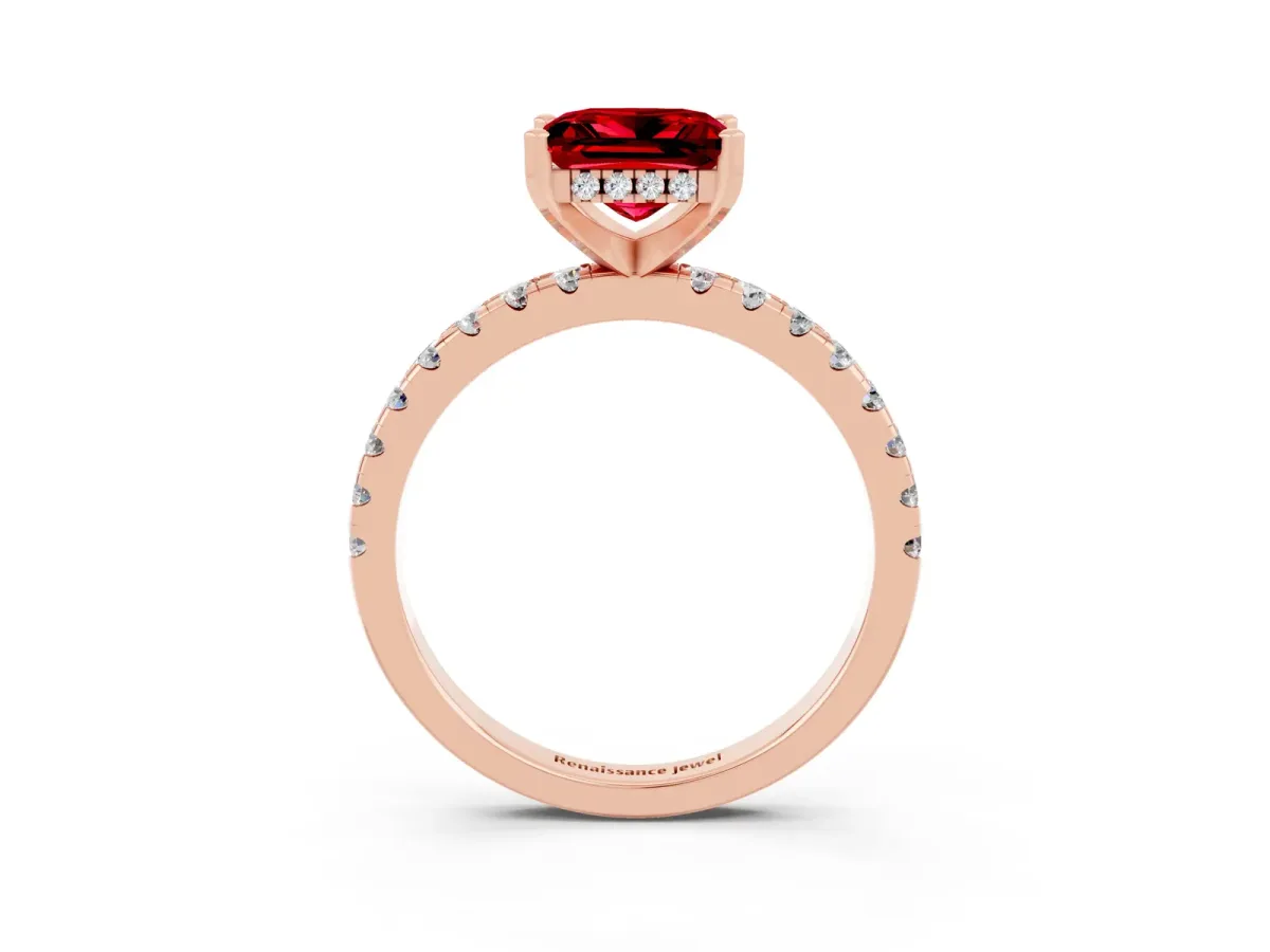 Princess Cut Ruby Solitaire Ring with Round Pavé Band and Four-Prong Setting Rose gold
