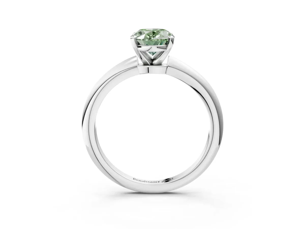 Fancy Green Oval Cut Diamond Solitaire Ring with Six-Prong Setting and Classic Band Silver