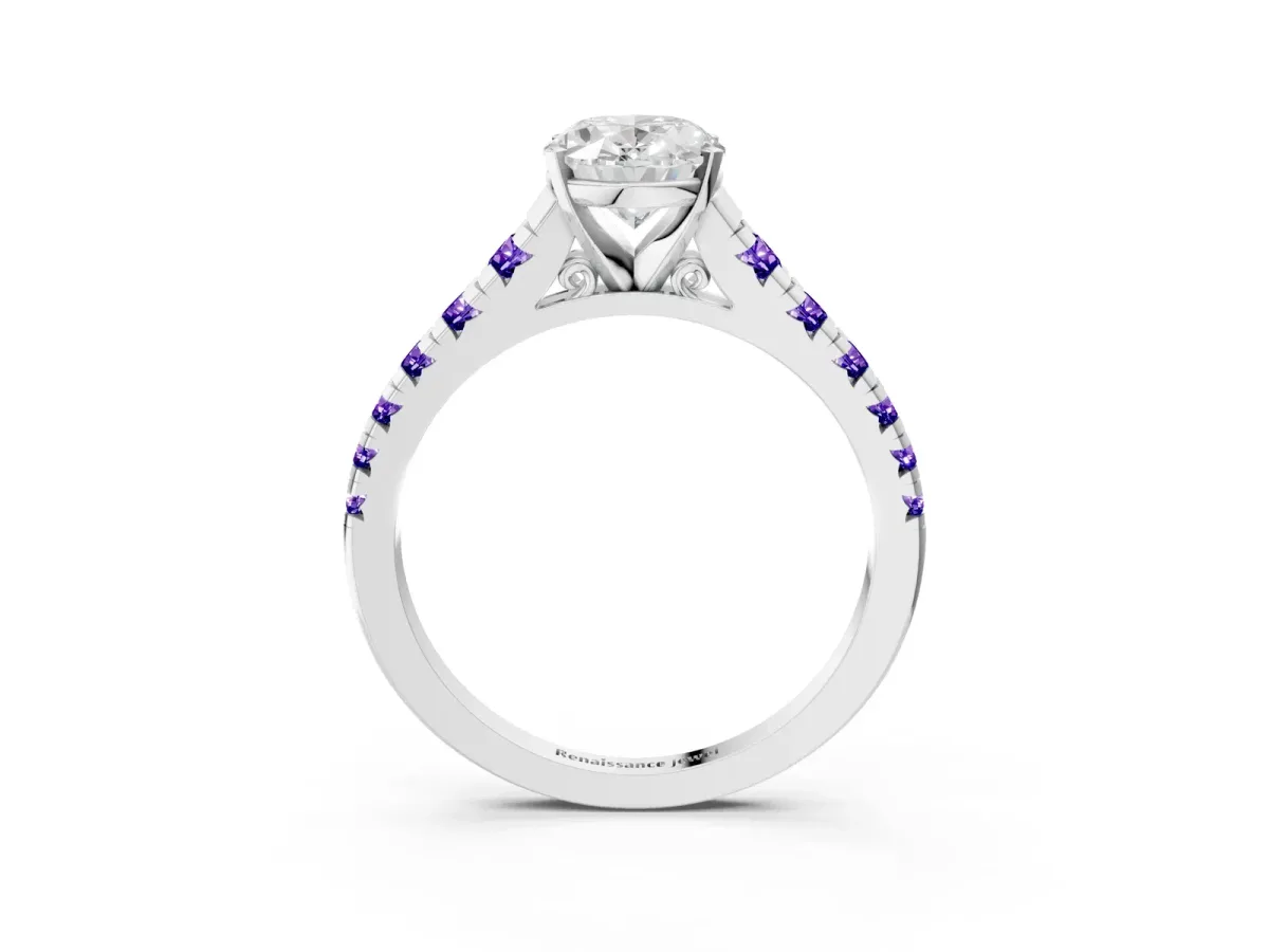 Oval Cut Diamond Cathedral Solitaire Ring with Round Tanzanite Pavé Band Silver