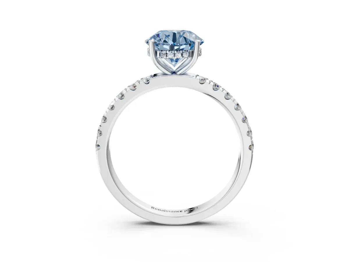 Fancy Blue Round Cut Diamond Pave Band Solitaire Ring with Round and Prong Setting Platinum