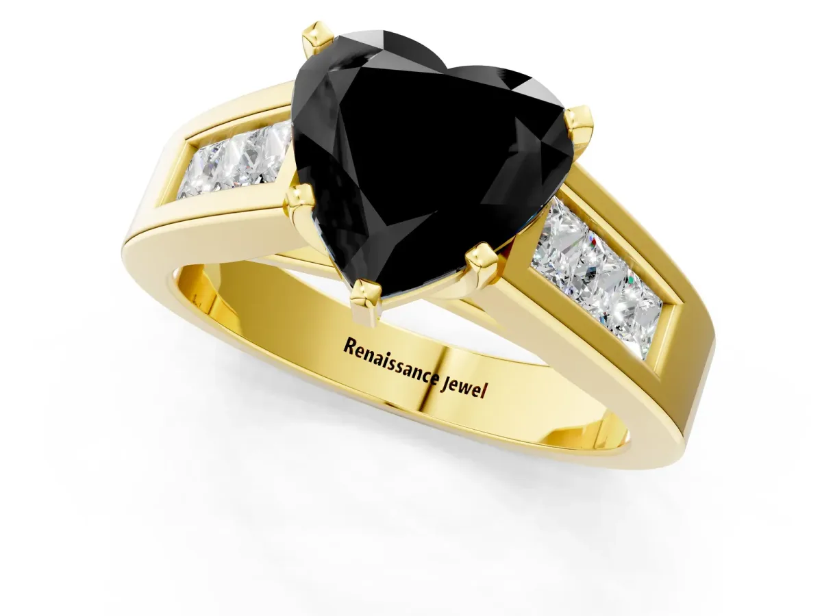 Fancy Black Heart Cut Cut Channel Set Solitaire Ring with Four-Prong Setting Yellow gold