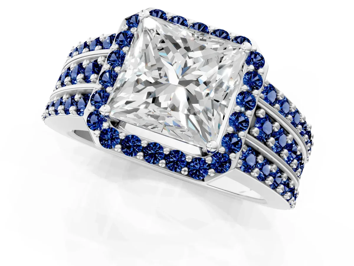 Princess Cut Halo Diamond Ring with Round Blue Sapphire Split Shank and Prong Setting Silver