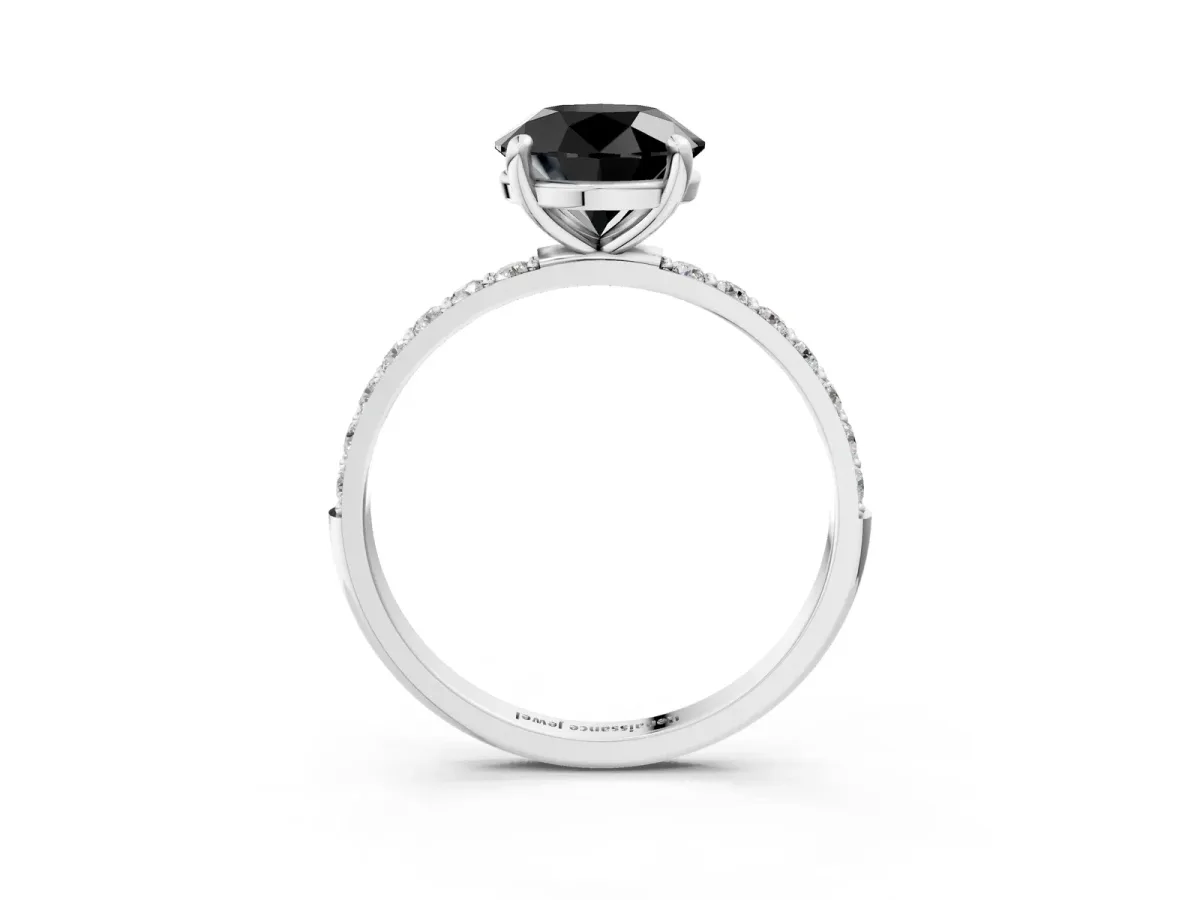 Fancy Black Round Cut Diamond Solitaire Ring with Round Pavé Band and Prong Setting Silver