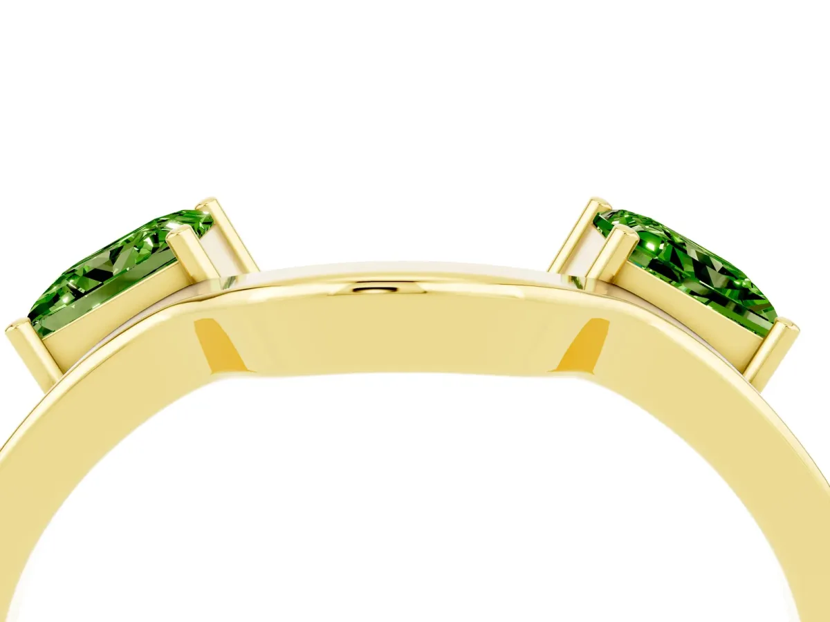 Princess Cut Peridot Two-Stone Open Band Ring with Four-Prong Setting Yellow gold