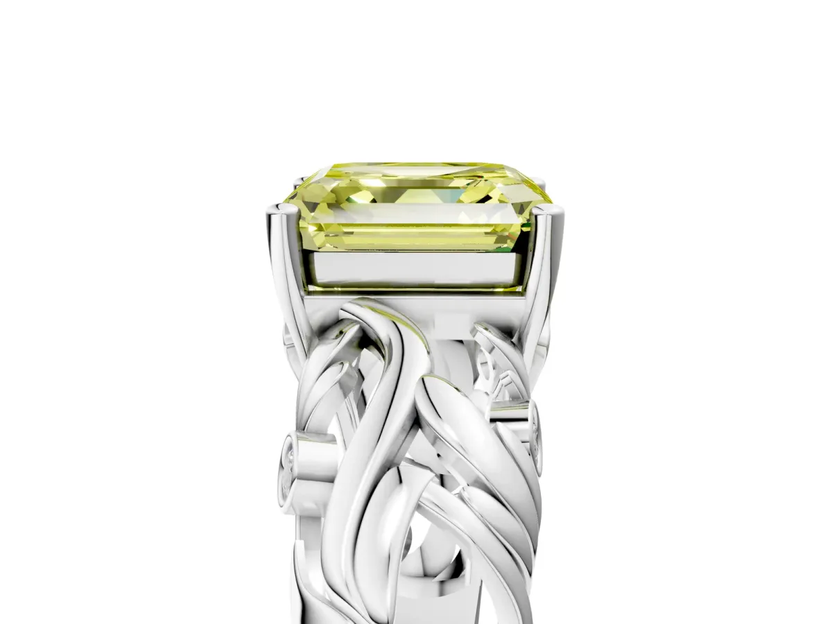 Fancy Yellow Asscher Cut Solitaire Diamond Leaf-Inspired Vine Band Ring with Prong Setting Platinum