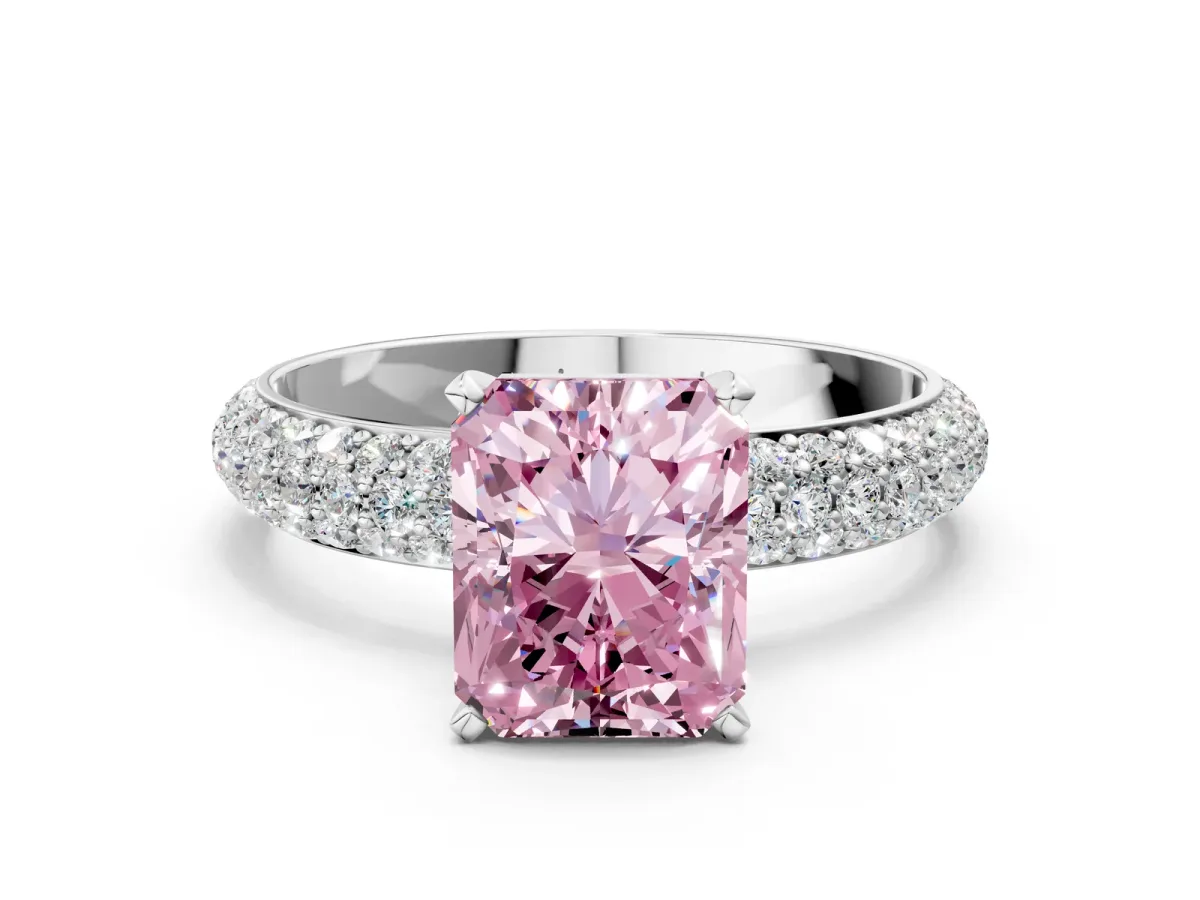 Fancy Pink Radiant Cut Diamond Solitaire Ring with Prong Setting and Pavé Band Platinum