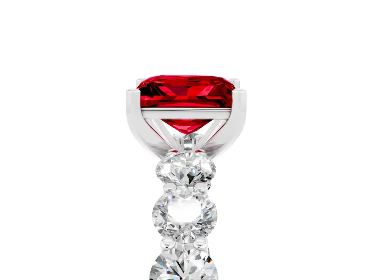 Princess Cut Ruby Prong Setting with Side Stones on a Pave Band White gold