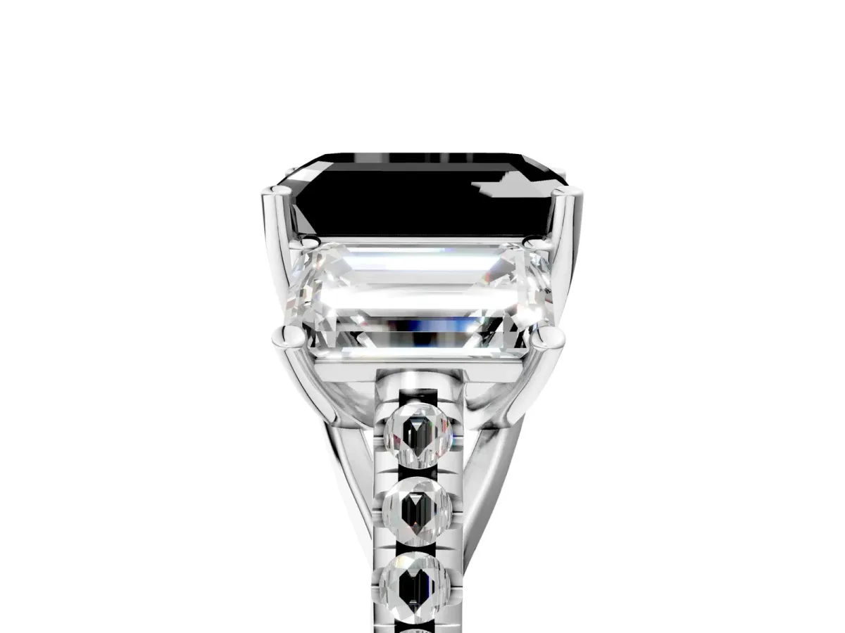 Fancy Black Three-Stone Emerald Cut Diamond Ring with Round Pavé Band and Prong Setting Platinum