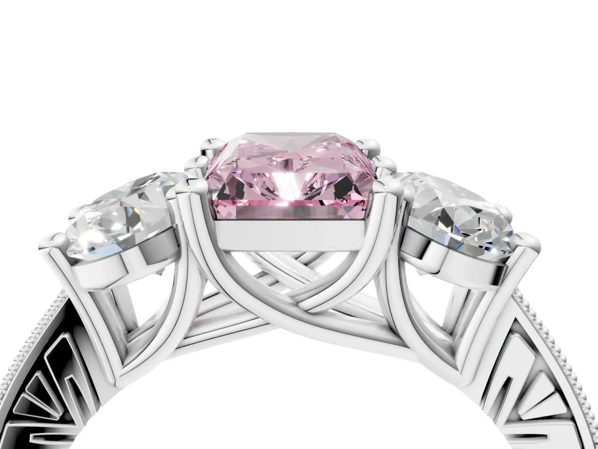 Fancy Pink Three-Stone Radiant Cut Diamond Milgrain Pave Band with Prong Setting Platinum