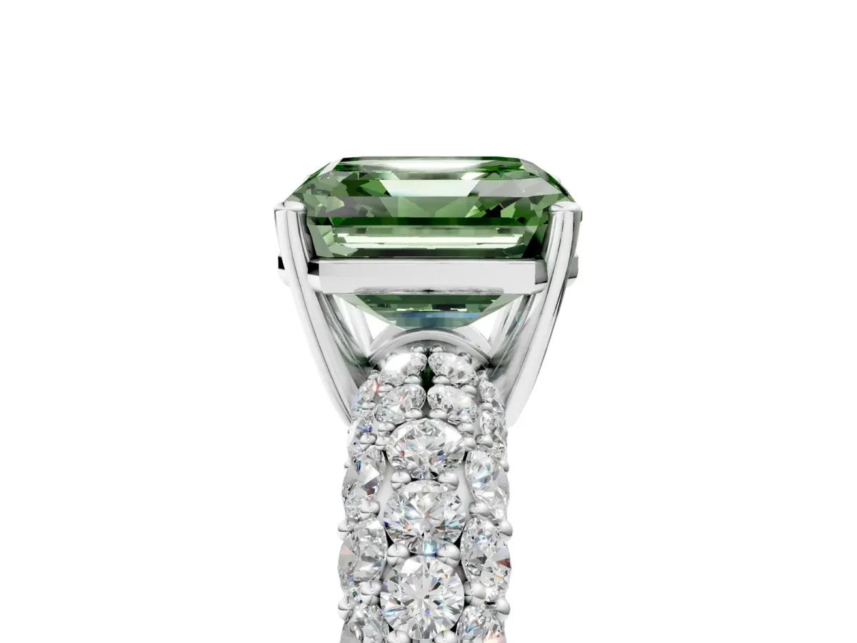 Fancy Green Asscher Cut Diamond Pavé Band Solitaire Ring with Four-Prong Setting Platinum