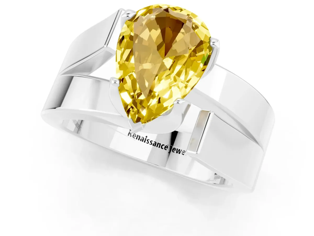 Modern Tension Set Pear Cut Yellow Sapphire Solitaire Wide Band Ring Silver