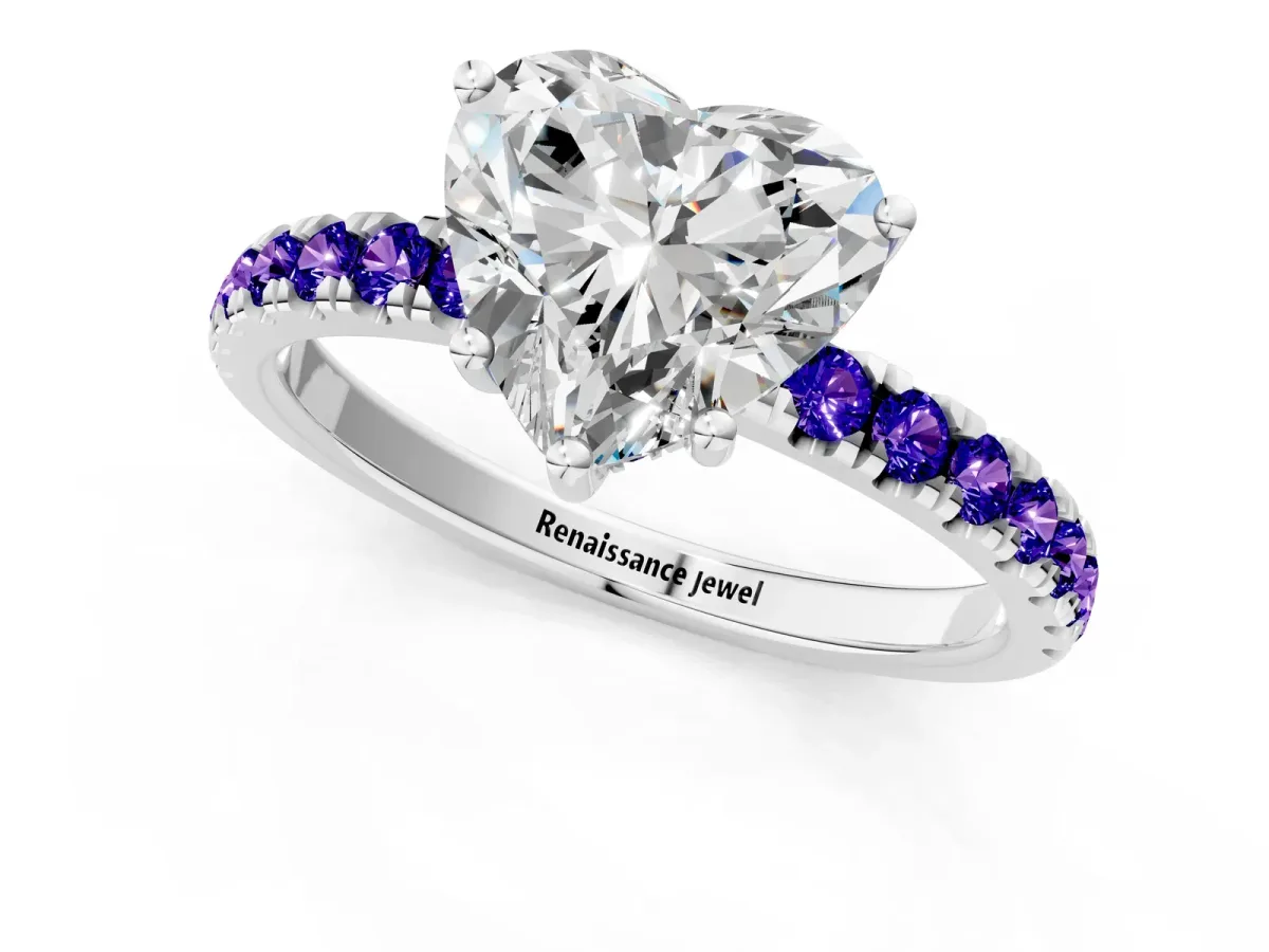 Heart Cut Diamond Pave Band Solitaire Ring with Round Tanzanite and Prong Setting Silver