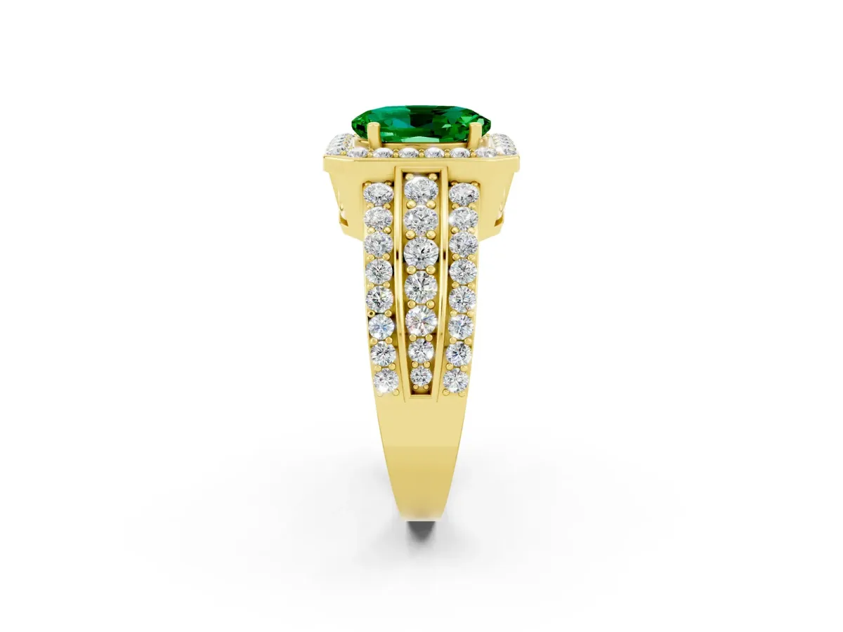 Oval Cut Halo Emerald Ring with Round Split Shank and Prong Setting Yellow gold