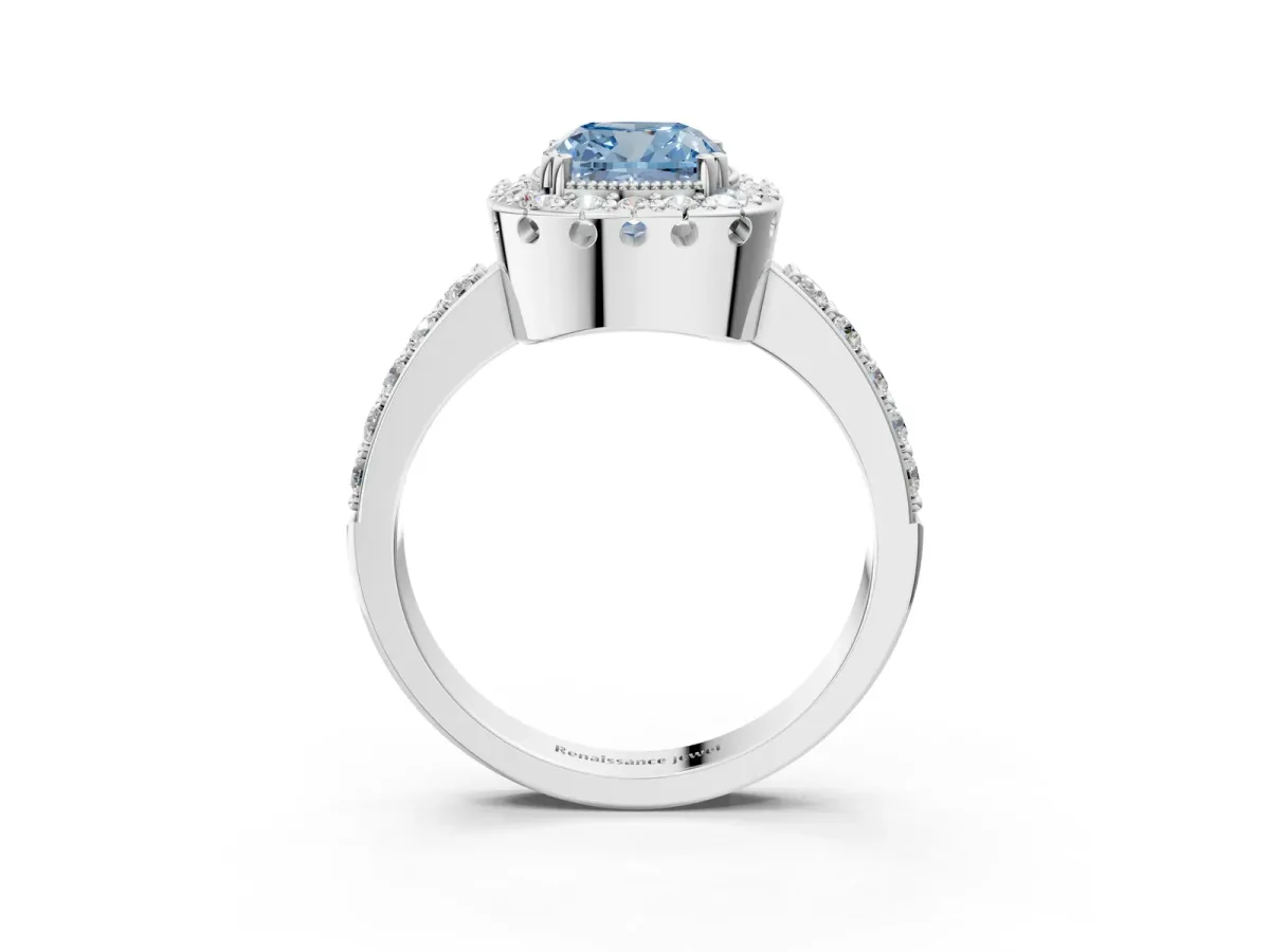 Fancy Blue Cushion Cut Diamond Halo Ring with Pavé Band and Prong Setting Silver