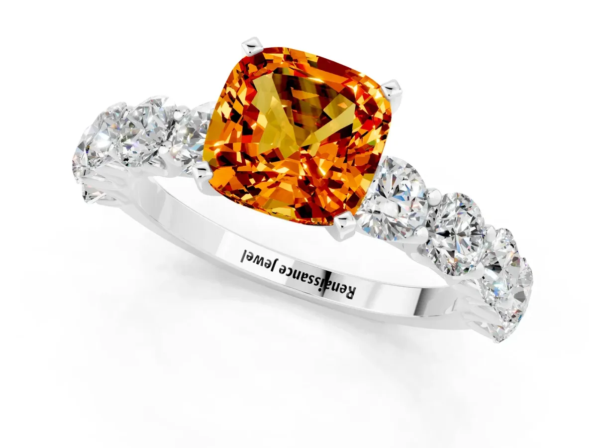 Cushion Cut Citrine Prong Setting with Side Stones on a Pave Band Platinum
