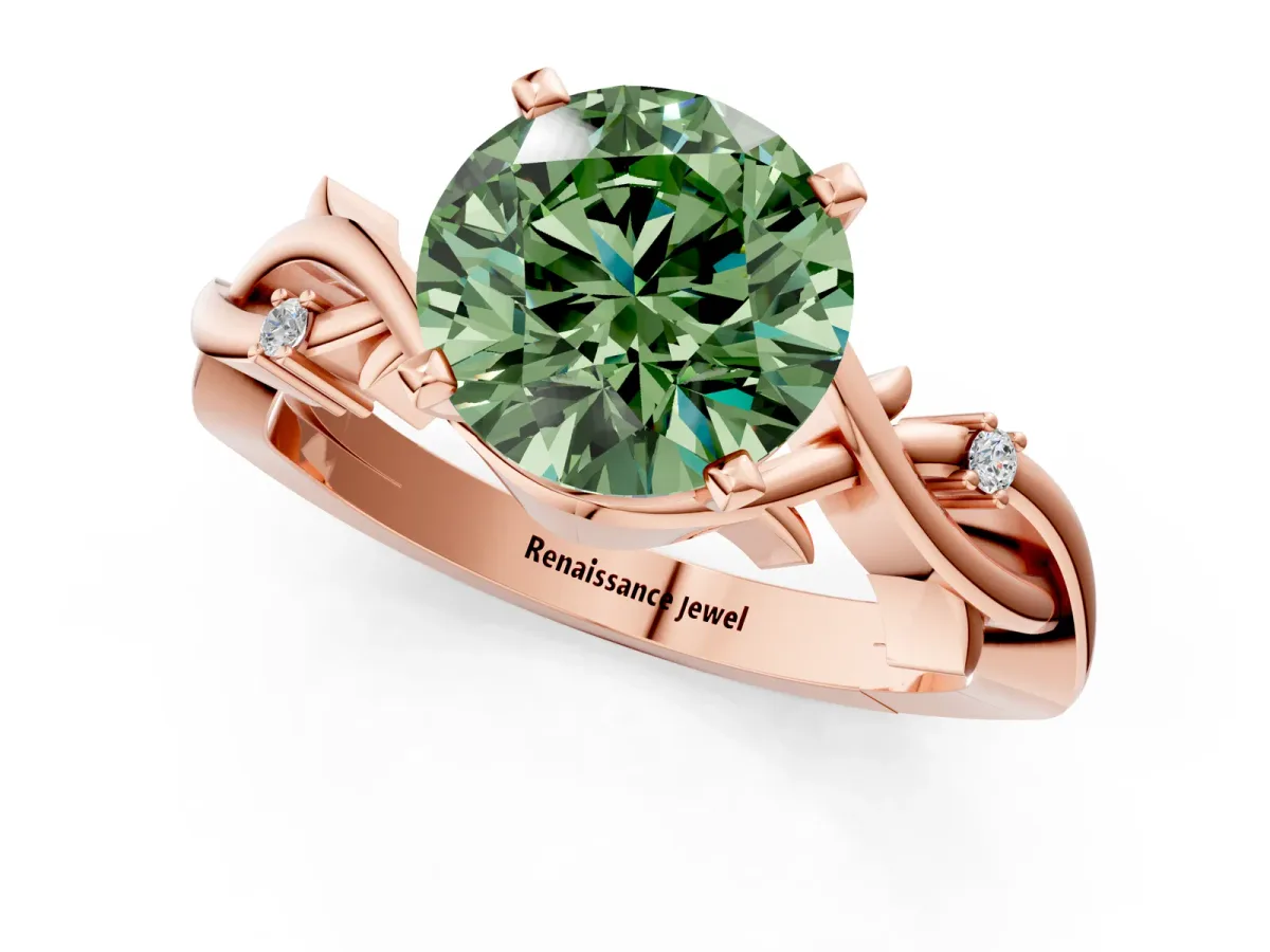 Fancy Green Round Cut Diamond Solitaire Ring with Twisted Band and Prong Setting Rose gold