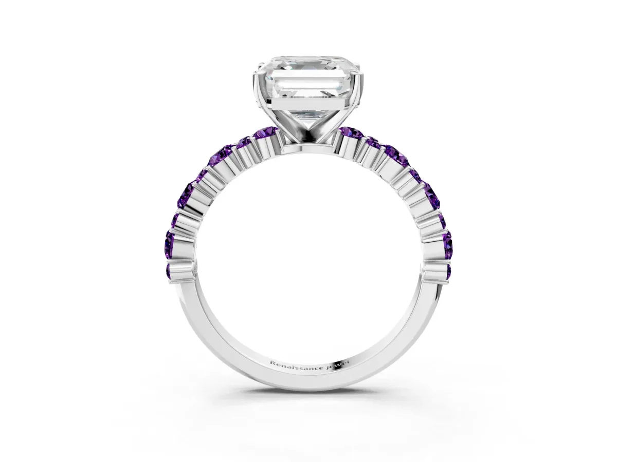 Asscher Cut Diamond Side Stone Solitaire Ring with Round Amethyst and Four-Prong Setting Silver