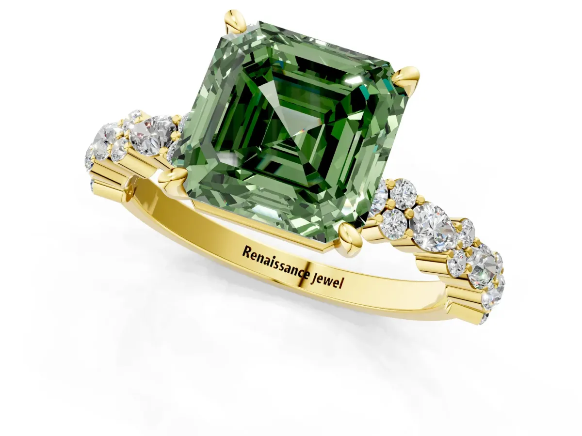 Fancy Green Asscher Cut Diamond Side Stone Solitaire Ring with Round and Four-Prong Setting Yellow gold