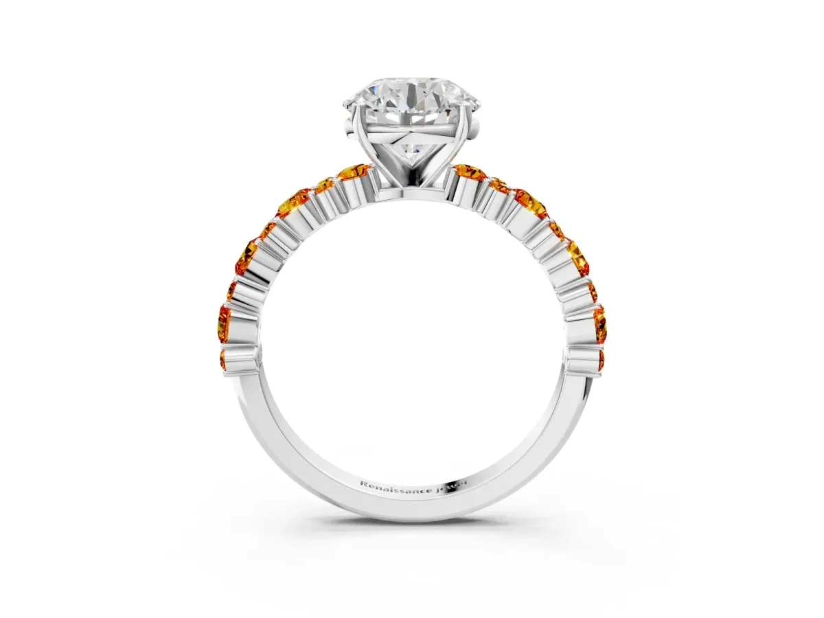 Round Cut Diamond Side Stone Solitaire Ring with Round Citrine and Four-Prong Setting White gold
