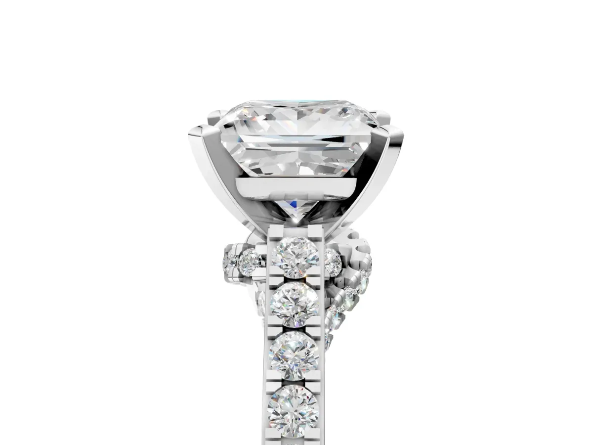 Princess Cut Diamond Solitaire Ring with Crossover Gallery and Round Pavé Band Silver