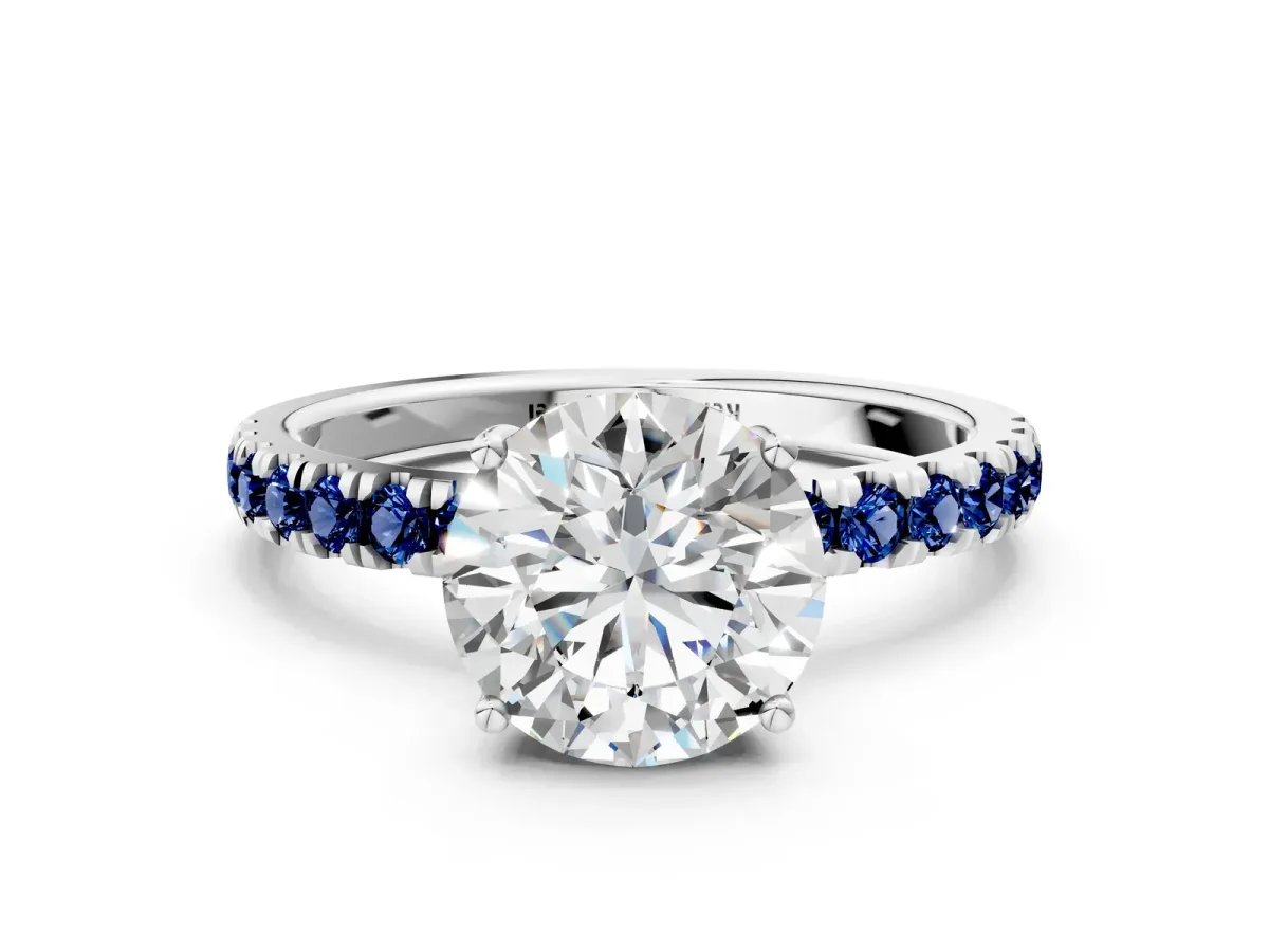Round Cut Diamond Pave Band Solitaire Ring with Round Tanzanite and Prong Setting Platinum
