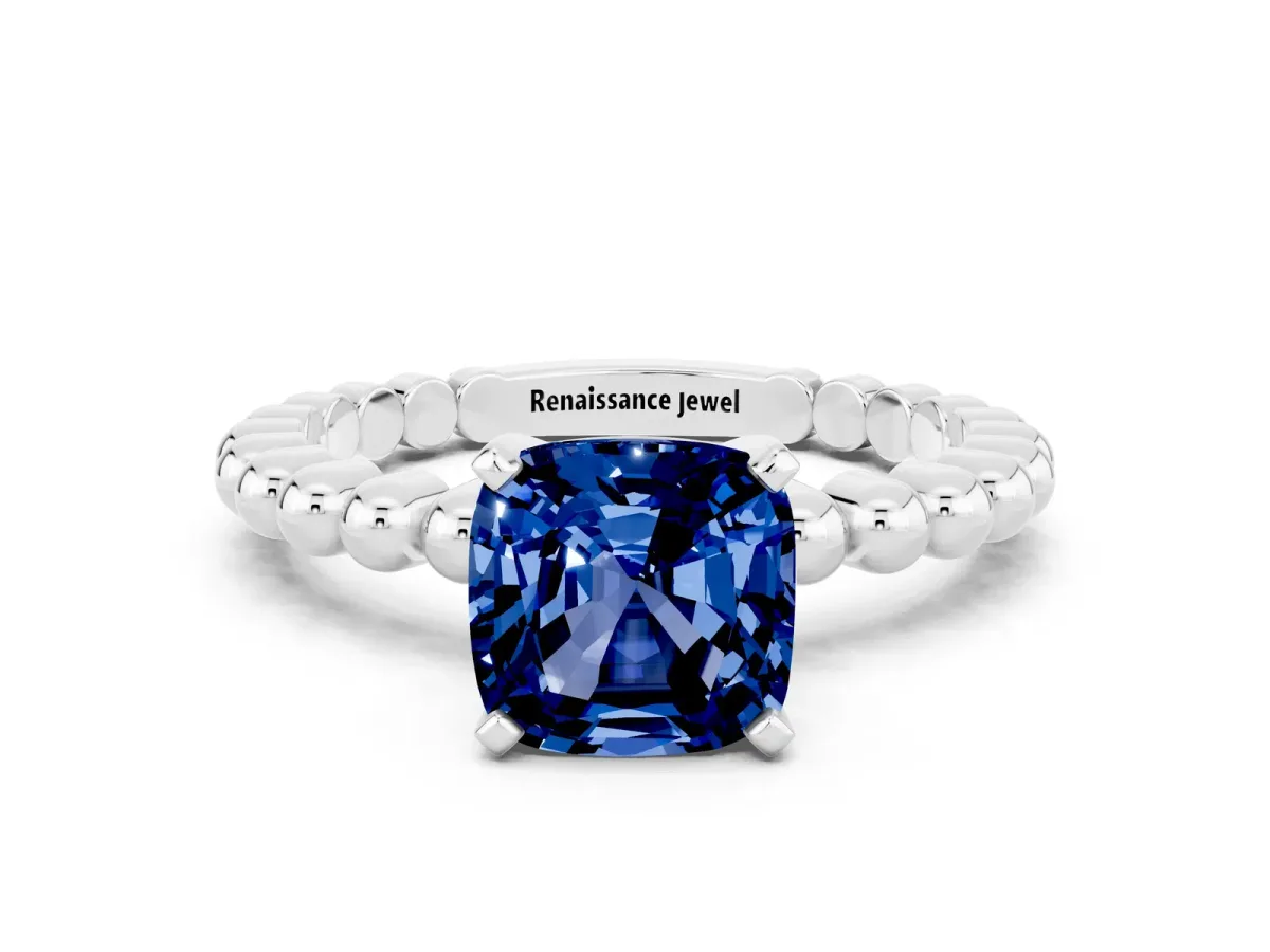 Cushion Cut Blue Sapphire Solitaire Ring with Beaded Band and Prong Setting Silver