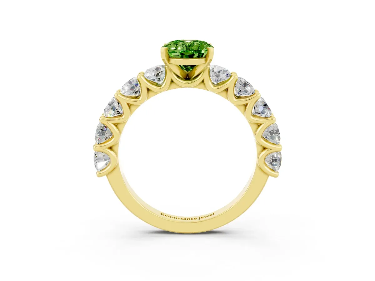 Oval Cut Peridot Prong Setting with Side Stones on a Pave Band Yellow gold