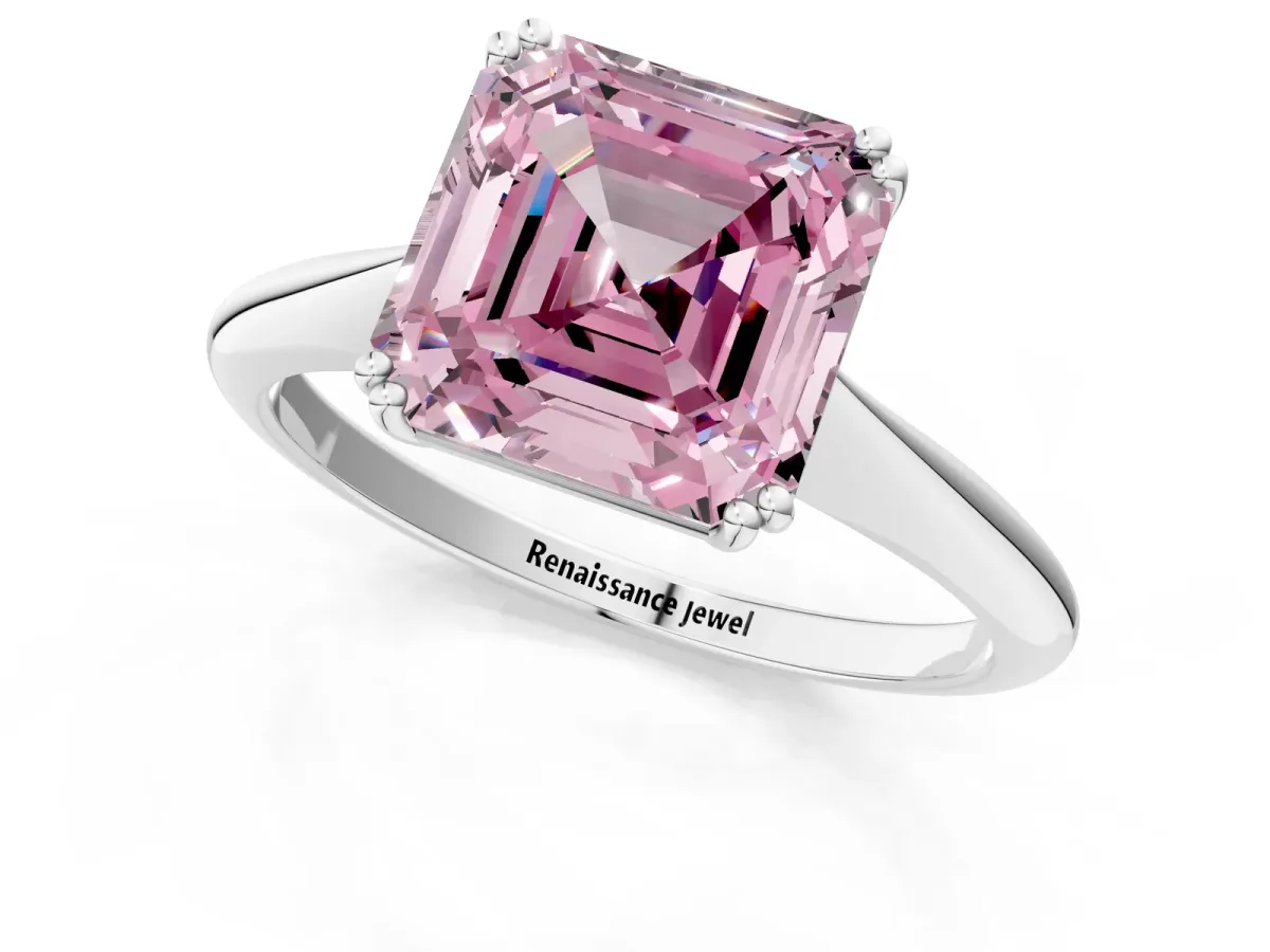 Fancy Pink Asscher Cut Solitaire Diamond Ring with Six-Prong Setting and Classic Band Platinum