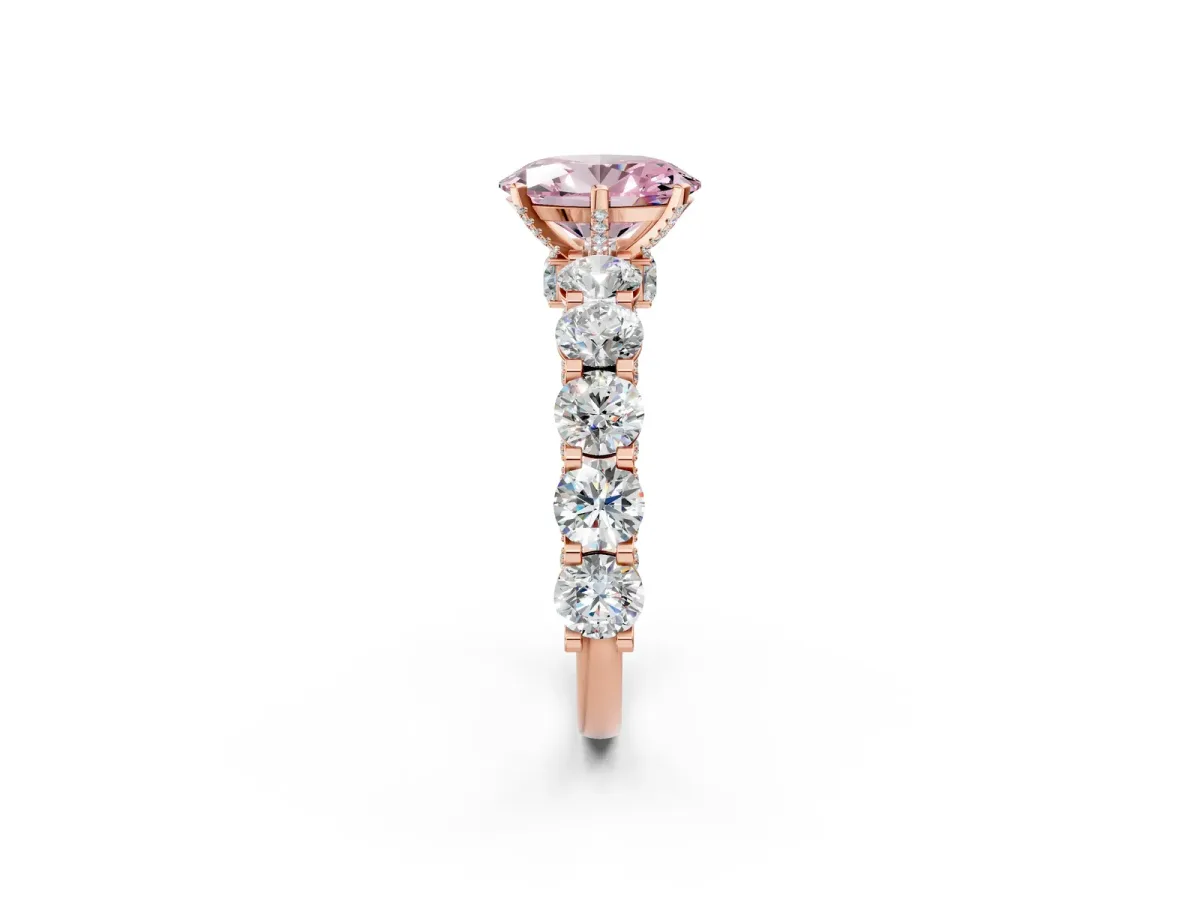 Fancy Pink Oval Cut Diamond Side Stone Engagement Ring with Four-Prong Setting Rose gold