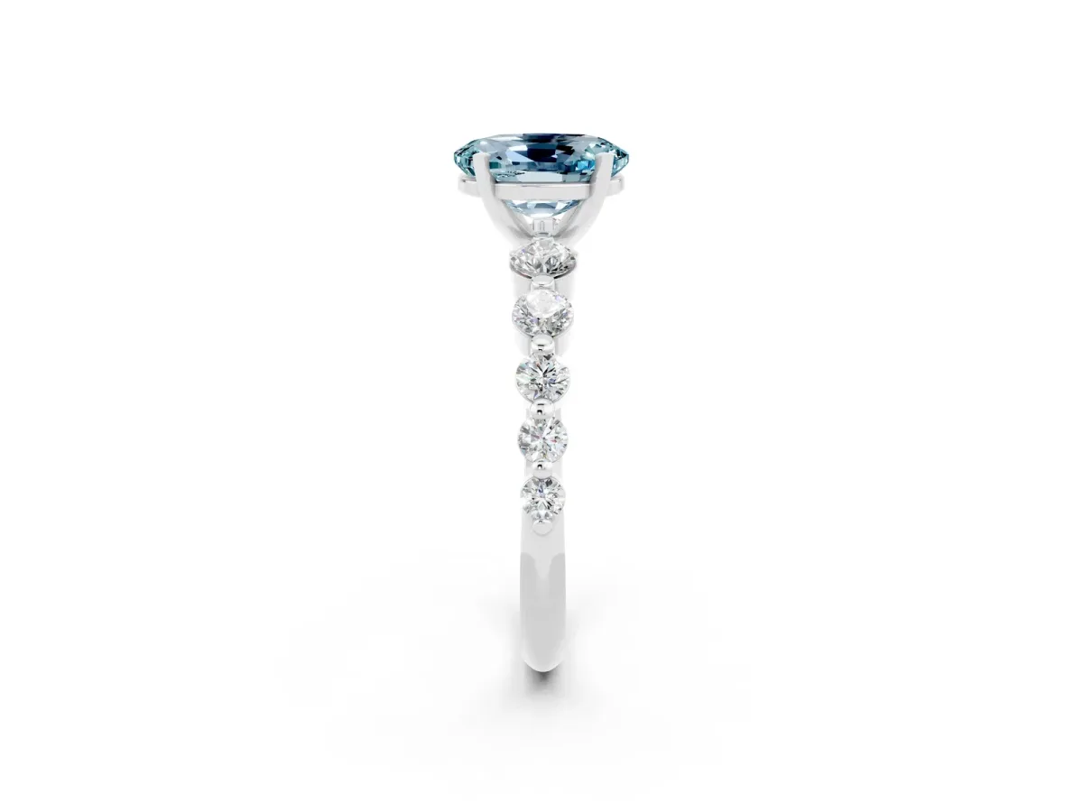 Oval Cut Solitaire Aquamarine Ring with Pave Band and Four-Prong Setting Silver