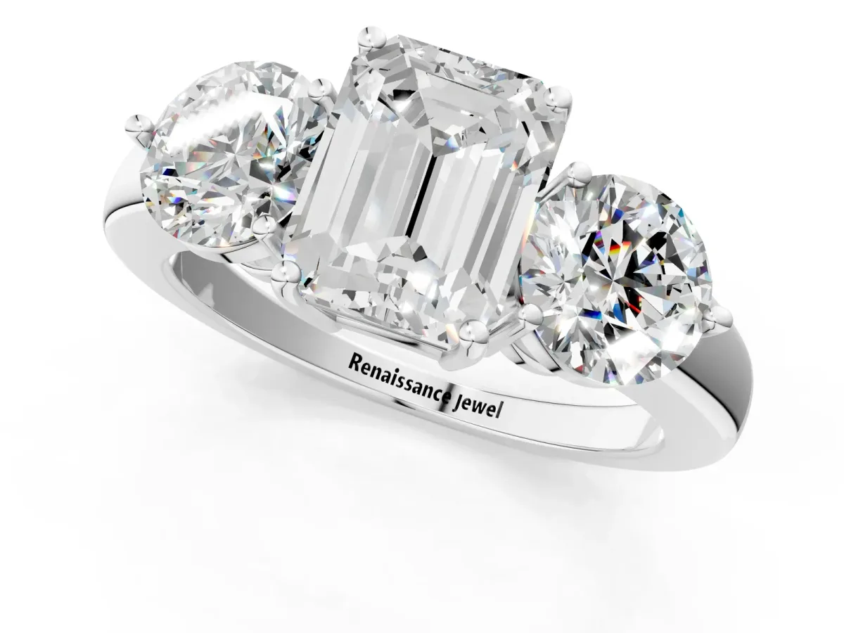 Emerald Cut Diamond Three-Stone Ring with Prong Setting and Classic Band White gold