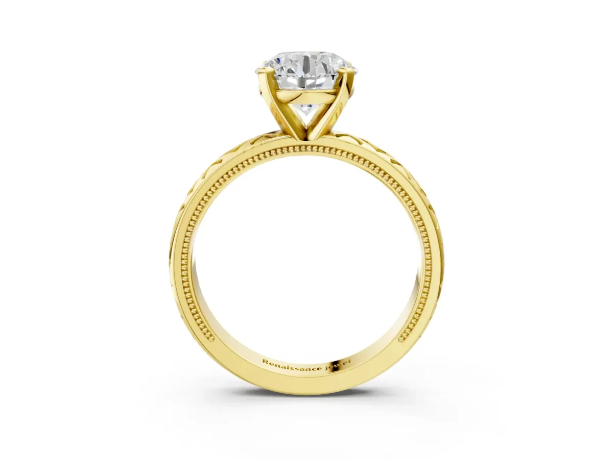 Round Cut Solitaire Diamond Ring with Milgrain and Black Enamel X Pattern Band Yellow gold