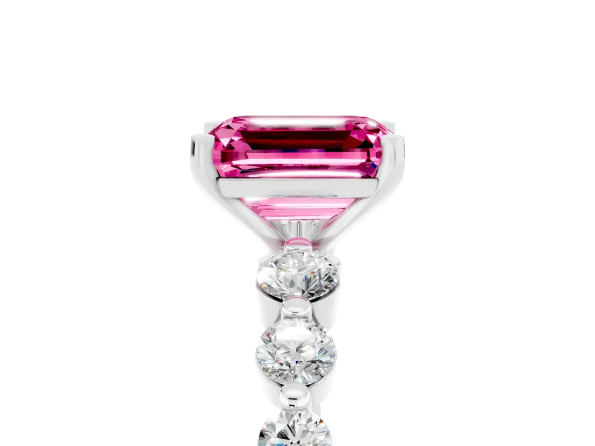 Emerald Cut Solitaire Pink Sapphire Ring with Pave Band and Four-Prong Setting Silver