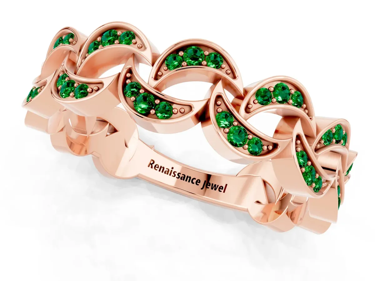 Pavé Round Emerald Interlocking Eternity Band with Bezel Prong Setting Rose gold