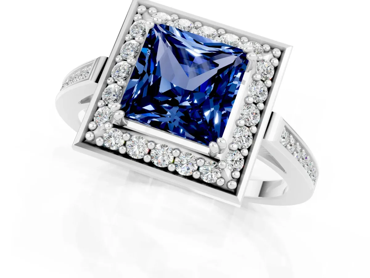 Princess Cut Blue Sapphire Halo Ring with Split Shank and Four-Prong Setting Platinum