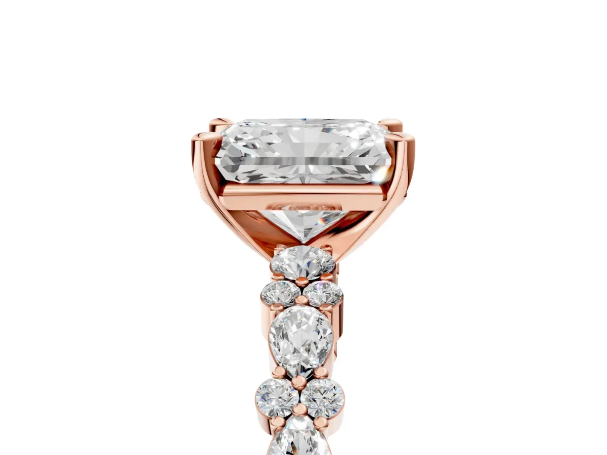 Radiant Cut Diamond Side Stone Solitaire Ring with Round and Four-Prong Setting Rose gold