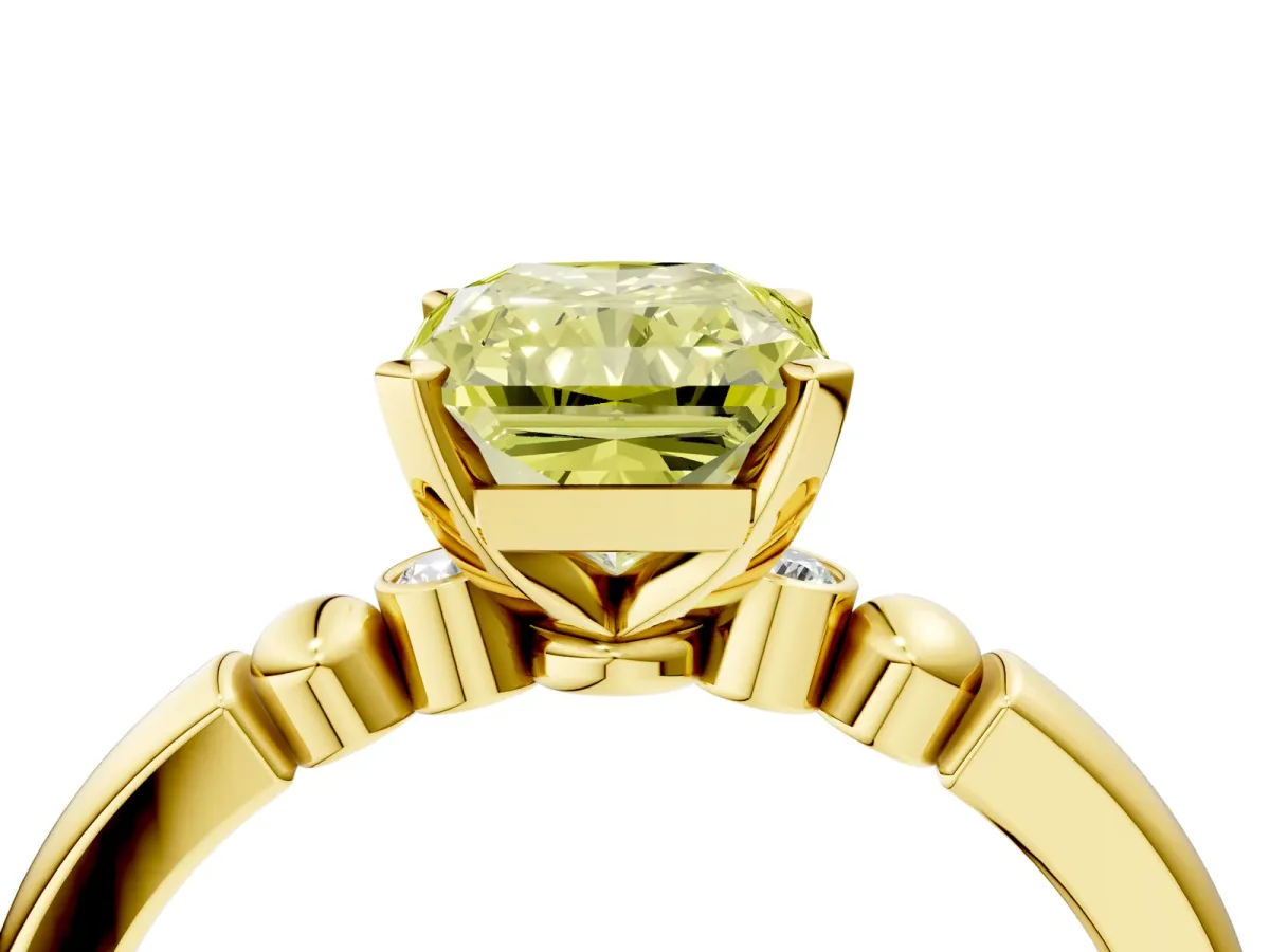 Fancy Yellow Radiant Cut Solitaire Beaded Band with Four-Prong Setting Yellow gold