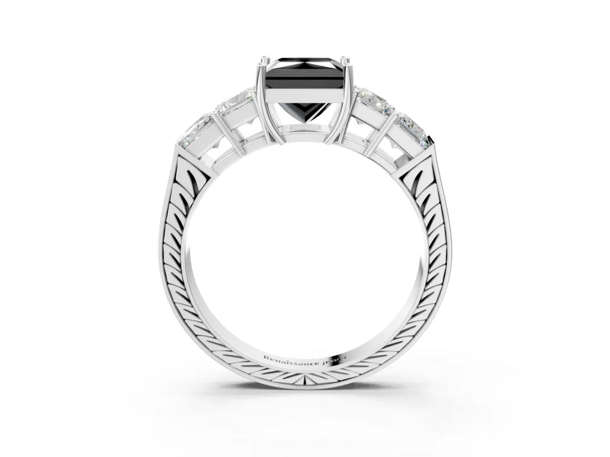 Fancy Black Princess Cut Solitaire Princess Side Stone Engraved Band Prong Setting Ring Silver
