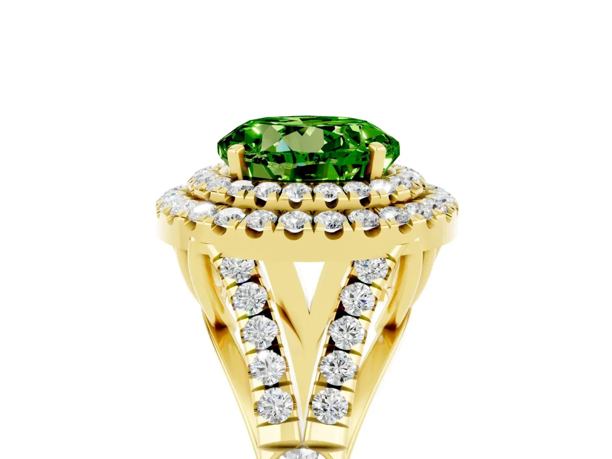 Round Cut Peridot Double Halo Ring with Split Shank and Prong Setting Yellow gold