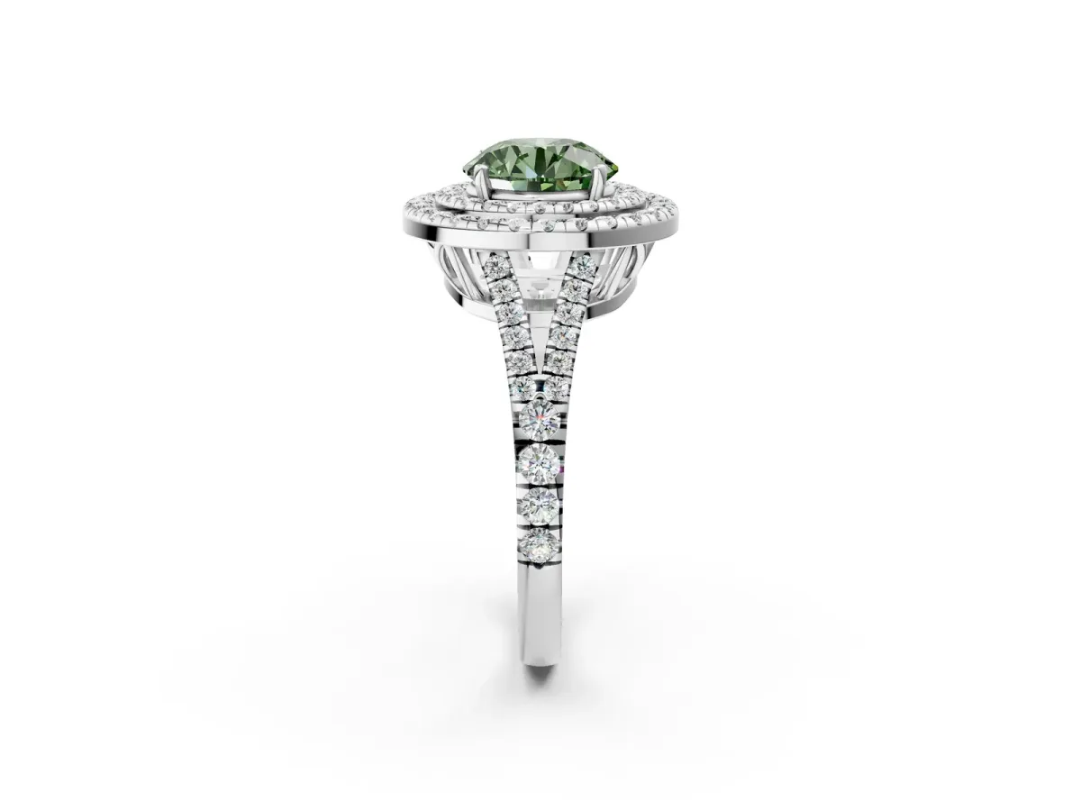 Fancy Green Round Cut Diamond Double Halo Ring with Pavé Band and Prong Setting Silver