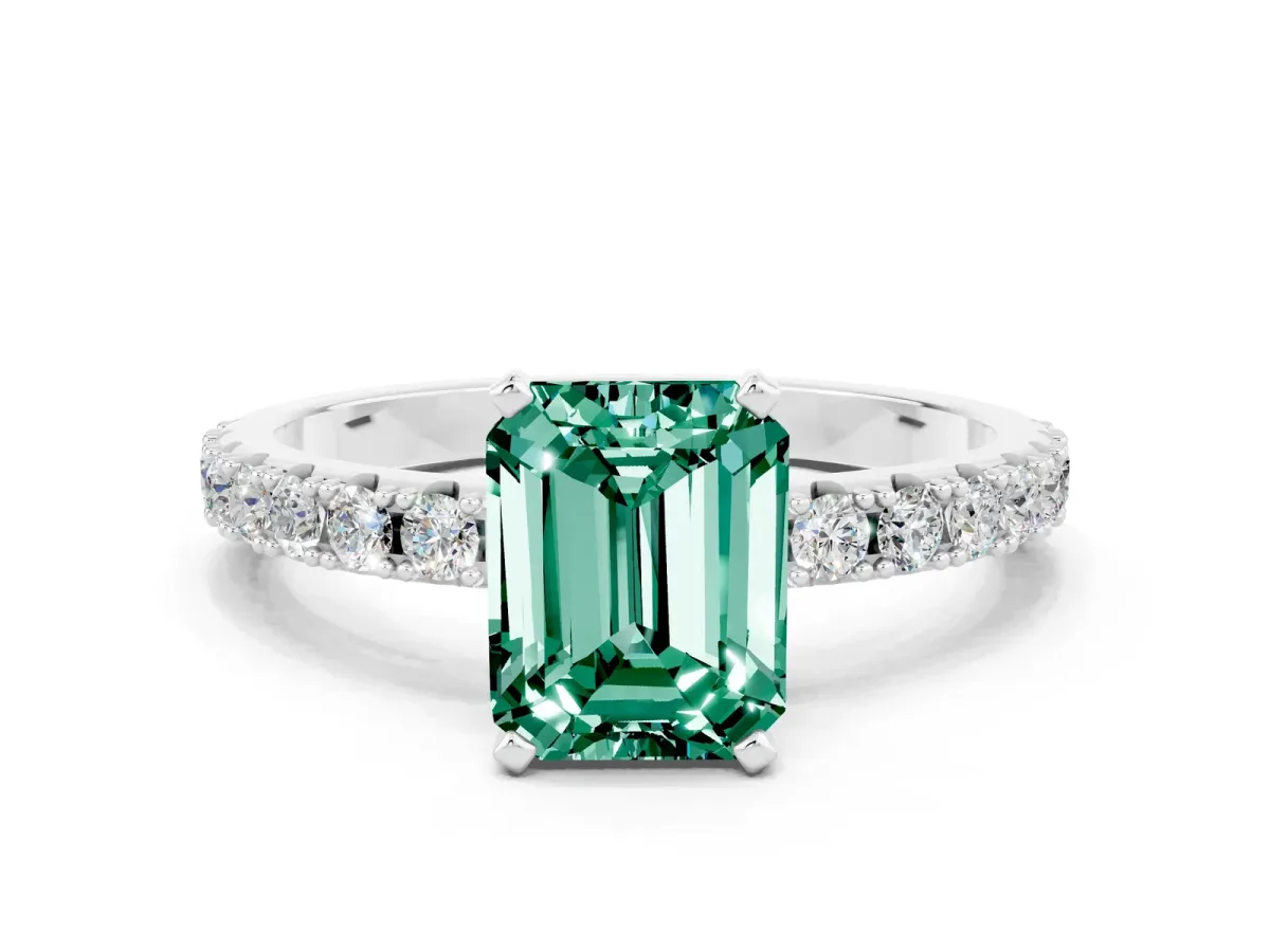 Emerald Cut Green Sapphire Solitaire Pavé Band with Four-Prong Setting Silver
