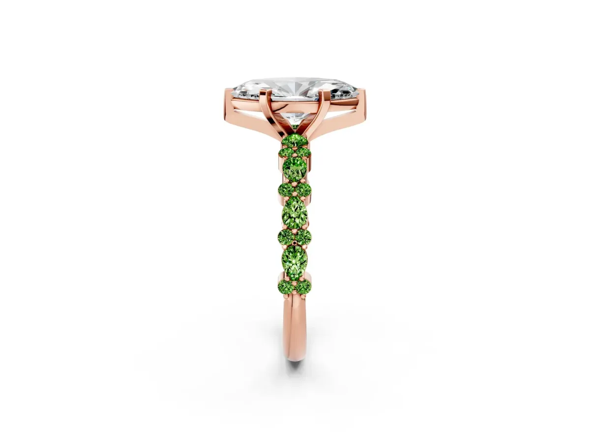 Marquise Cut Diamond Side Stone Solitaire Ring with Round Peridot and Four-Prong Setting Rose gold