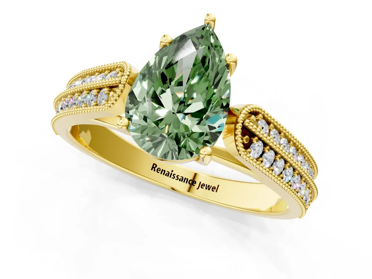 Fancy Green Pear Cut Cut Pave Split Shank Engagement Ring with Four-Prong Setting Yellow gold