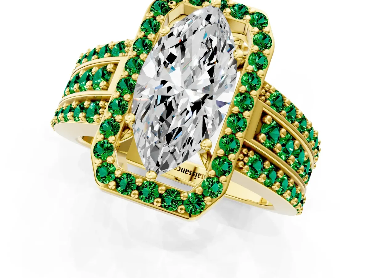 Marquise Cut Halo Diamond Ring with Round Emerald Split Shank and Prong Setting Yellow gold