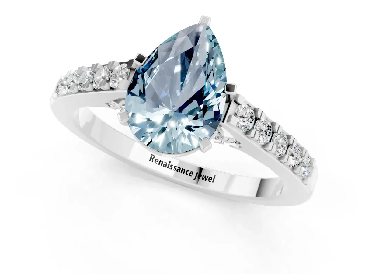 Pear Cut Aquamarine Solitaire Ring with Crossover Gallery and Round Pavé Band Silver