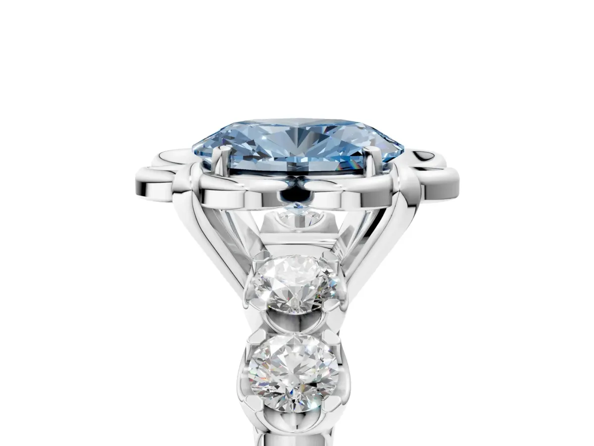 Fancy Blue Oval Cut Cut Diamond Floral Halo Engagement Ring with Shared Prong Setting Platinum