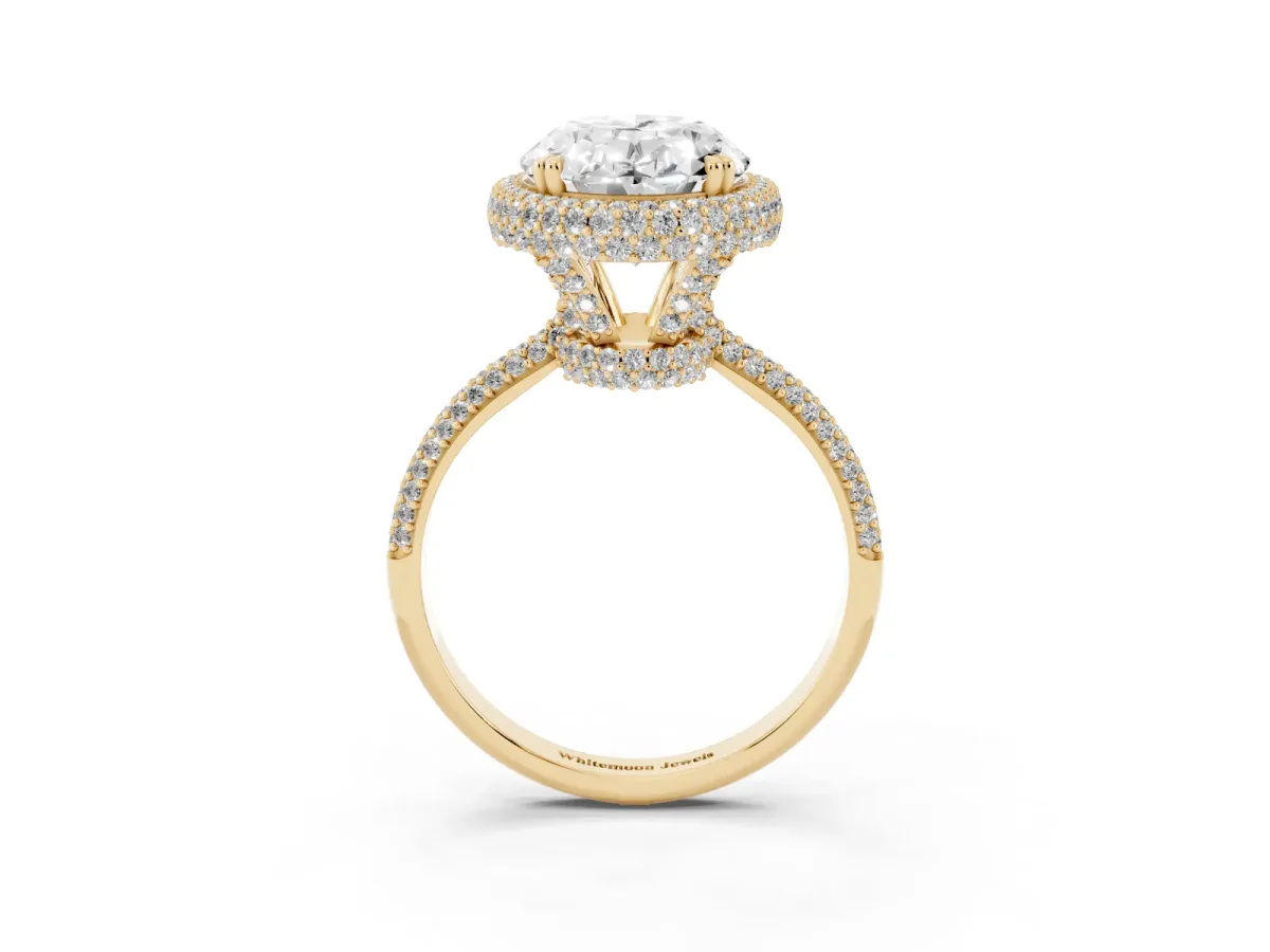 Oval Diamond Halo Ring with Round Diamond Accents Yellow gold