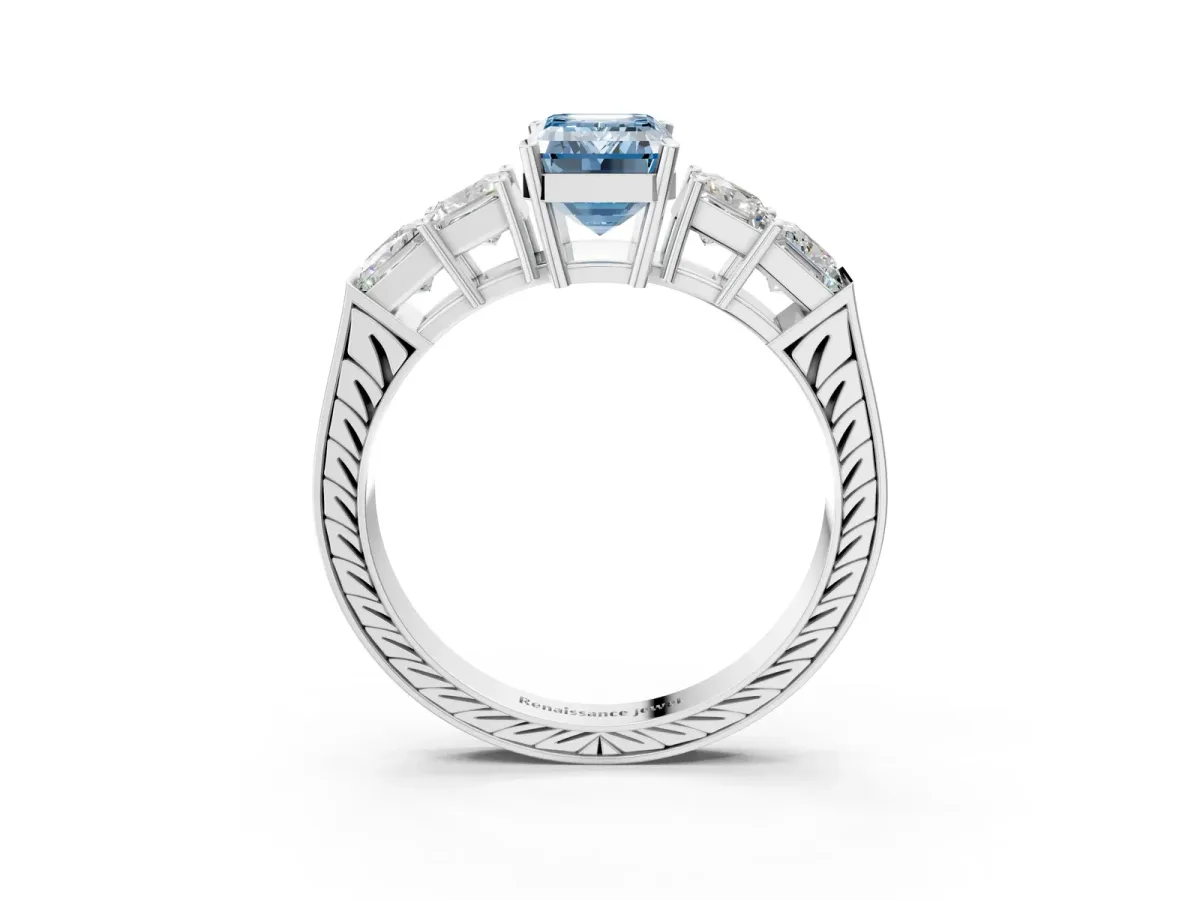 Fancy Blue Emerald Cut Solitaire Princess Side Stone Engraved Band Prong Setting Ring White gold