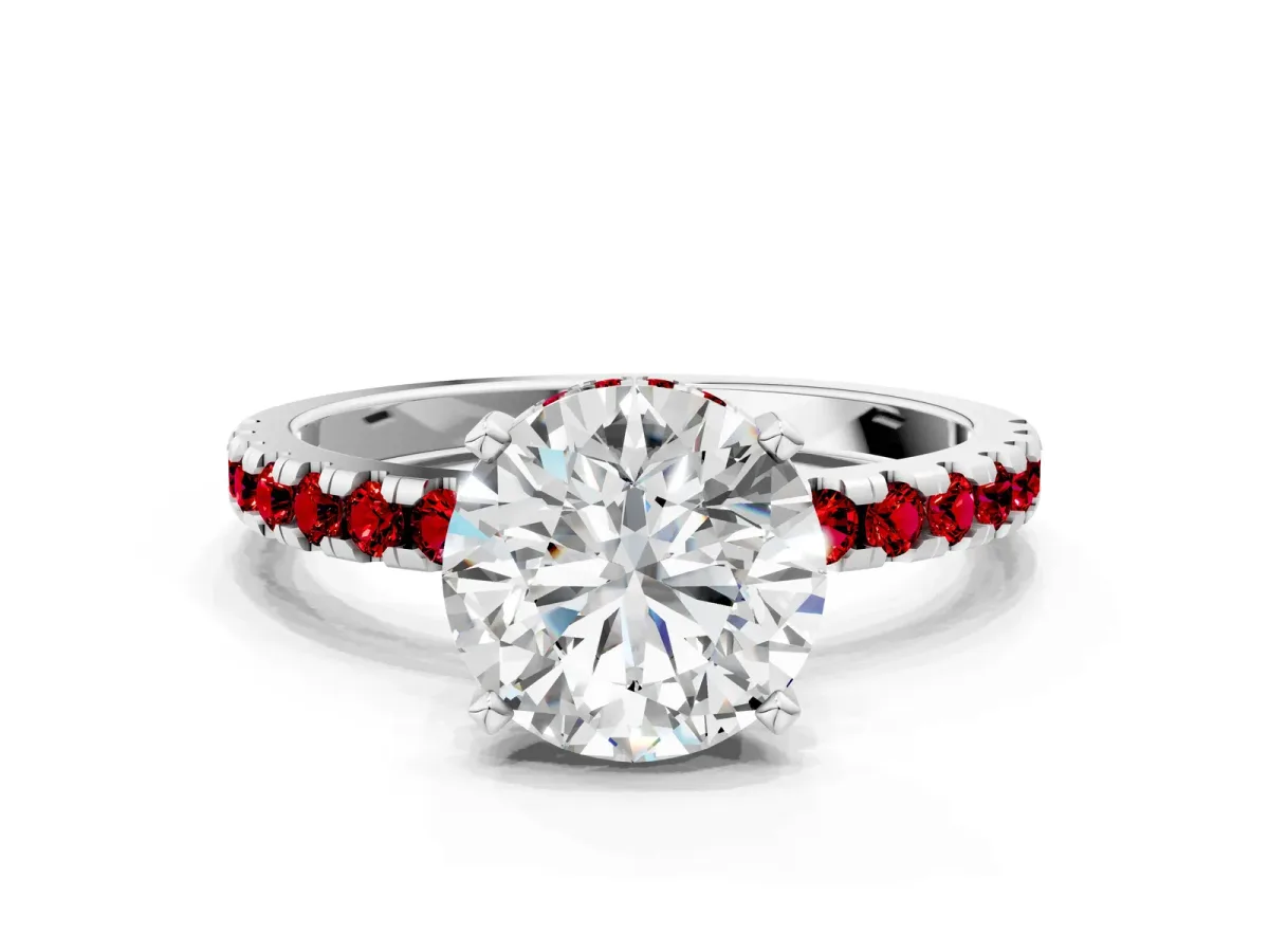 Round Cut Diamond Solitaire Ring with Round Ruby Pavé Band and Four-Prong Setting Platinum